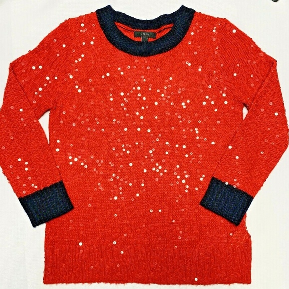 J. CREW Red Sequin Sweater Navy Trim S - Picture 2 of 5